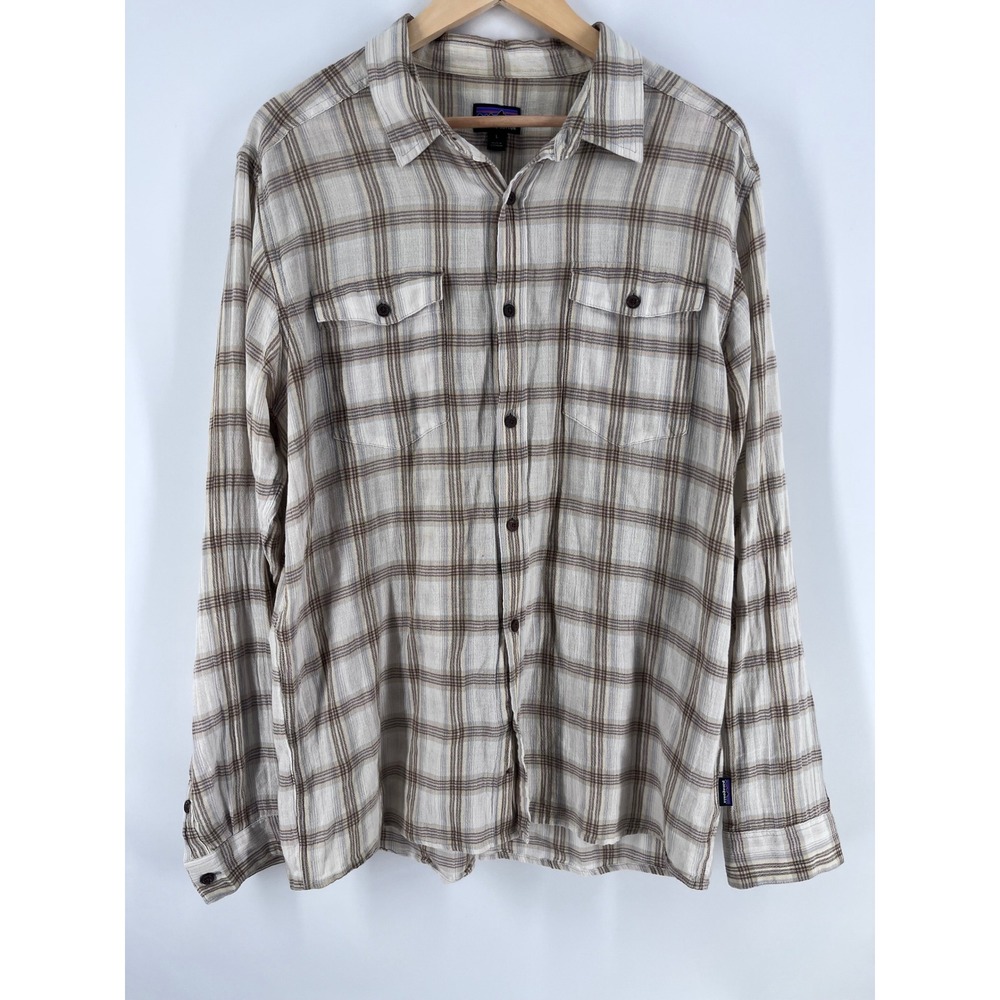 Patagonia Mens Organic Plaid Button Down Shirt Tan Brown L Rustic Work Country